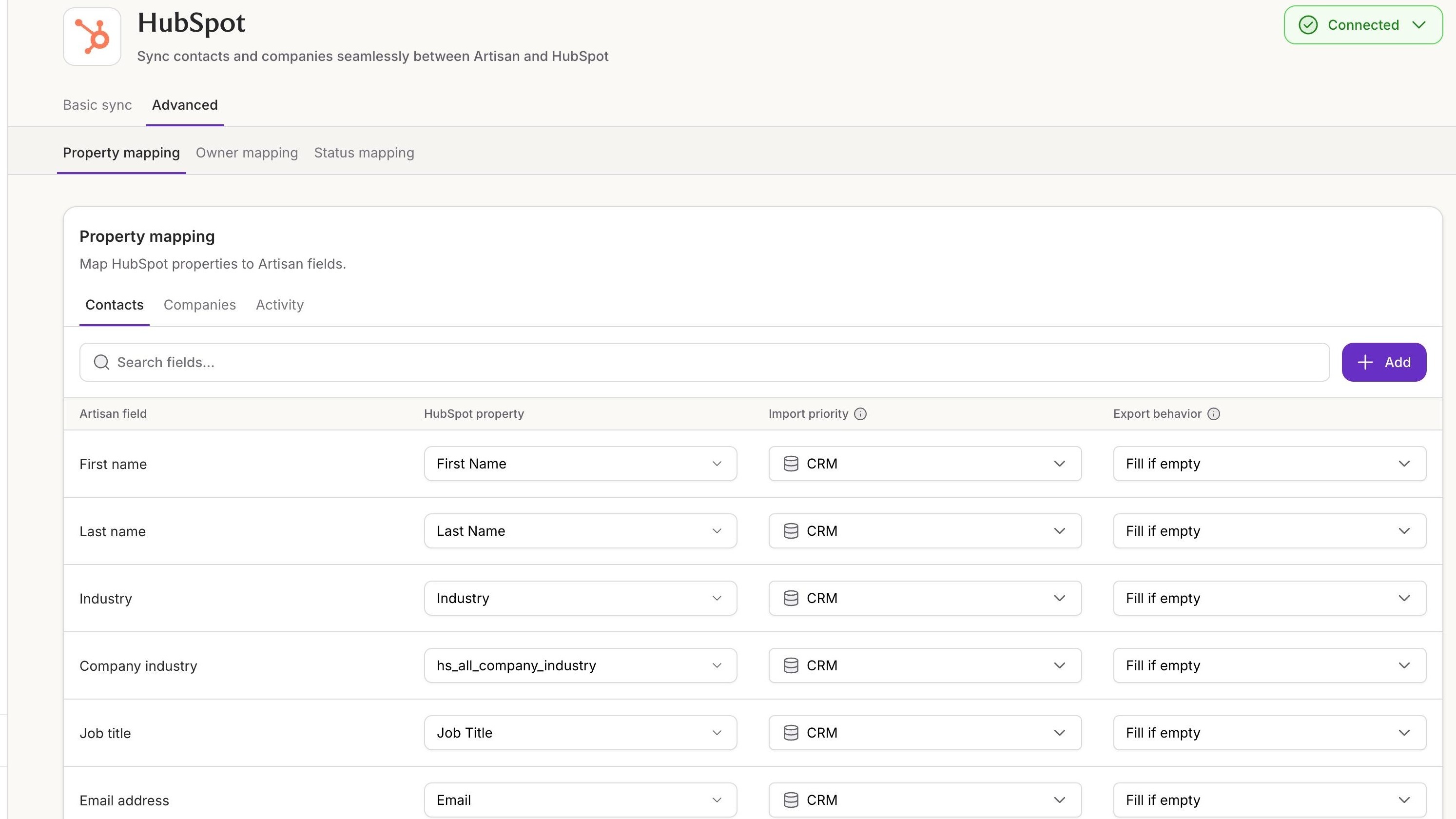 Artisan-HubSpot bidirectional contact sync