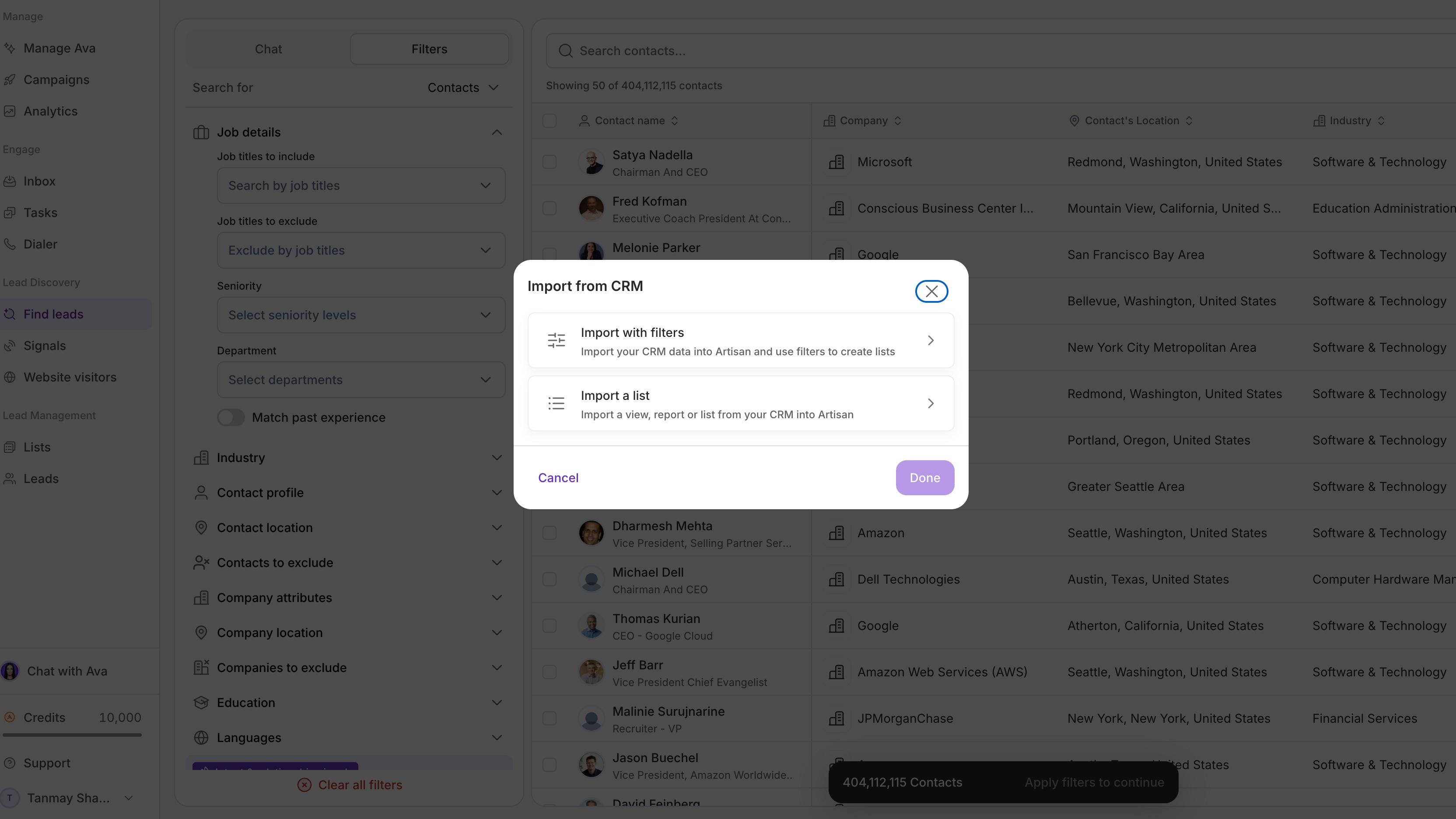Import from CRM using filters and lists