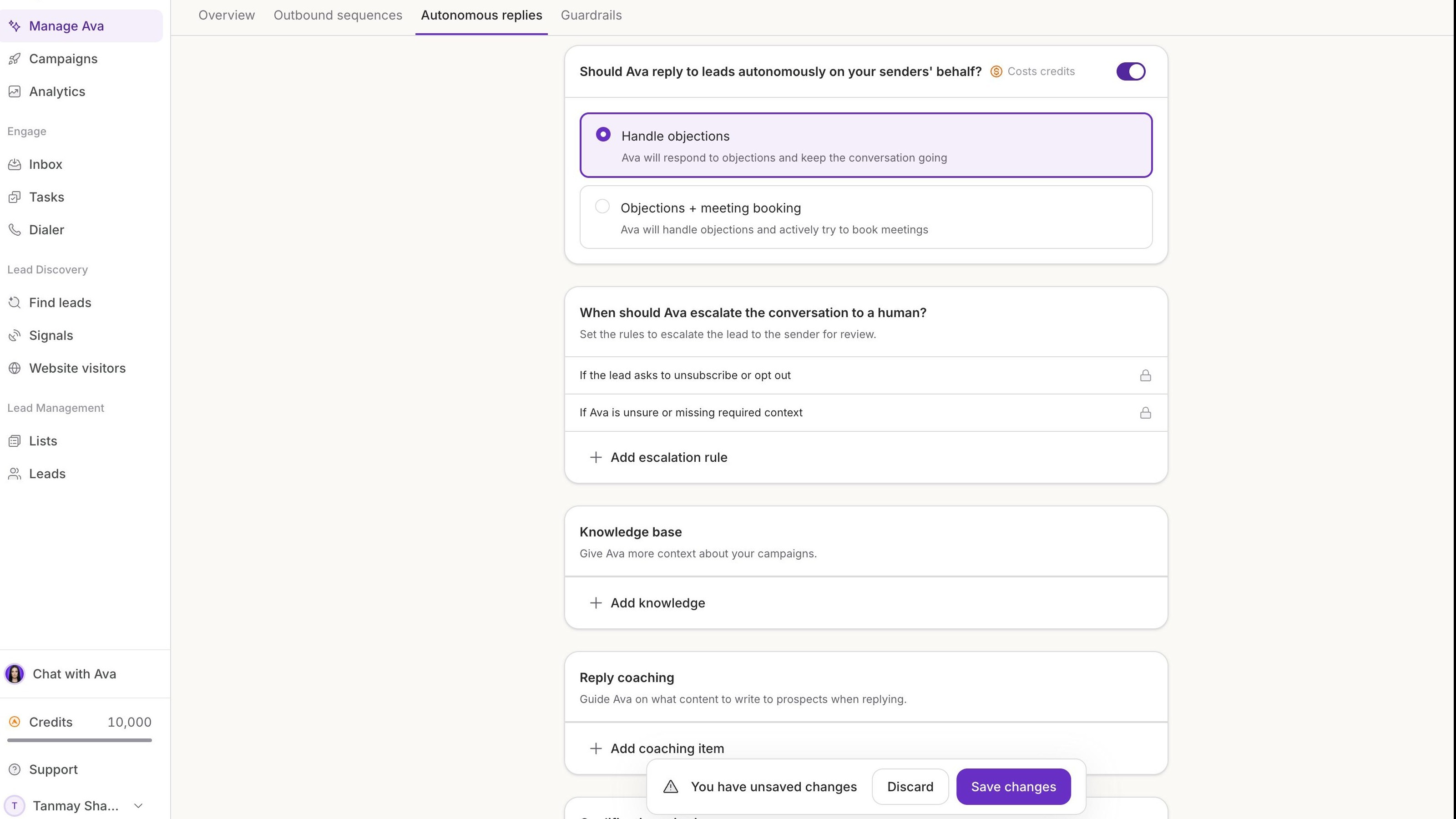 Ava autonomous reply settings with objection handling and escalation rules